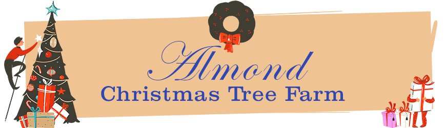 Almond Christmas Tree Farm logo with cartoons of trees and presents.